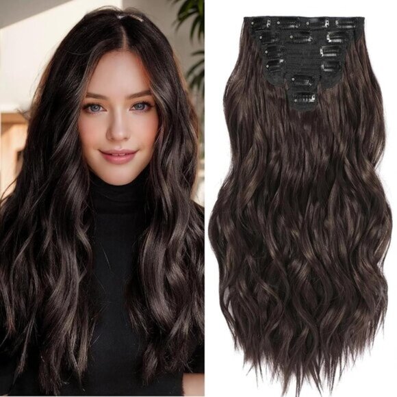 New 6PCS 22 Inch Jet Black Dark Brown Wavy Synthetic Clip-in
